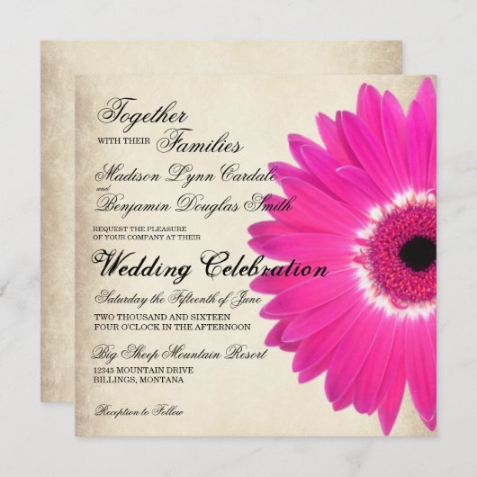 Hot Pink Gerber Daisy Rustic Wedding Invitations Kaart (Voorkant / Achterkant)