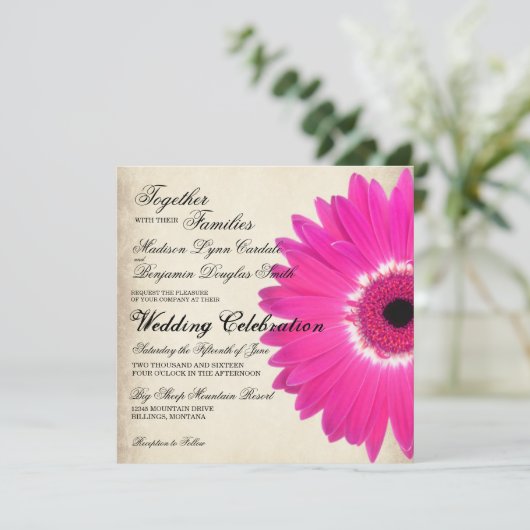 Hot Pink Gerber Daisy Rustic Wedding Invitations Kaart (Staand voorkant)