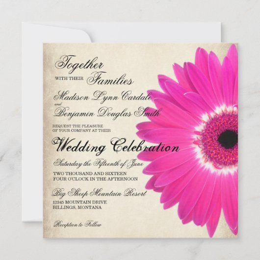 Hot Pink Gerber Daisy Rustic Wedding Invitations Kaart (Voorkant)