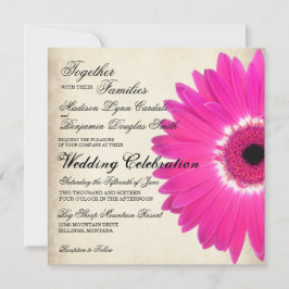 Hot Pink Gerber Daisy Rustic Wedding Invitations Kaart
