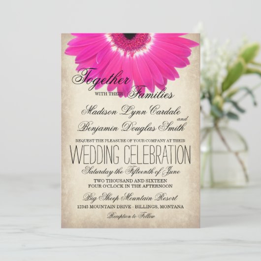 Hot Pink Gerber Daisy Rustic Wedding Invitations Kaart (Staand voorkant)