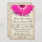 Hot Pink Gerber Daisy Rustic Wedding Invitations Kaart (Voorkant / Achterkant)