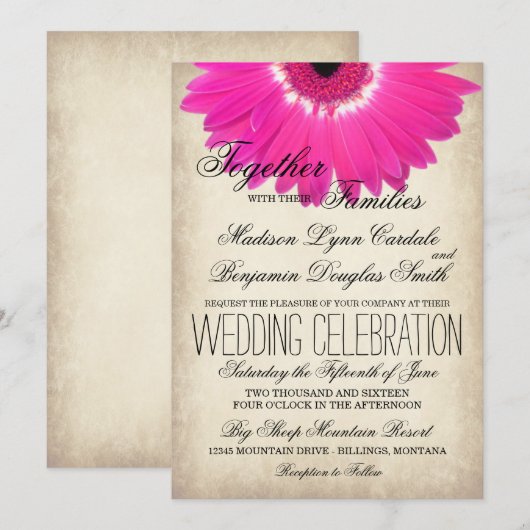 Hot Pink Gerber Daisy Rustic Wedding Invitations Kaart (Voorkant / Achterkant)