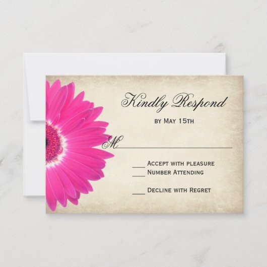 Hot Pink Gerber Daisy Rustic Wedding RSVP-kaarten RSVP Kaartje (Voorkant)
