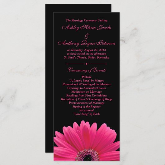 Hot Pink Gerbera Daisy Black Wedding Programma Programmakaart (Voorkant / Achterkant)