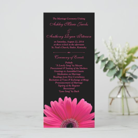 Hot Pink Gerbera Daisy Black Wedding Programma Programmakaart (Staand voorkant)