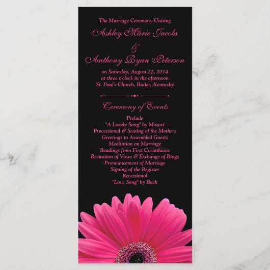 Hot Pink Gerbera Daisy Black Wedding Programma Programmakaart (Voorkant)