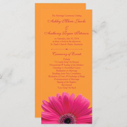 Hot Pink Gerbera Daisy Sinaasappel huwelijksprogra Programmakaart (Voorkant / Achterkant)