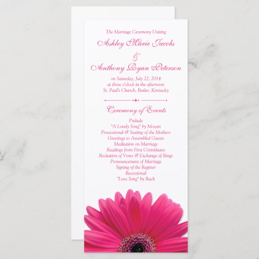 Hot Pink Gerbera Daisy White Wedding Programma Programmakaart (Voorkant / Achterkant)
