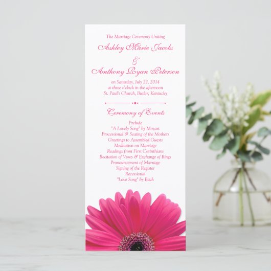 Hot Pink Gerbera Daisy White Wedding Programma Programmakaart (Staand voorkant)