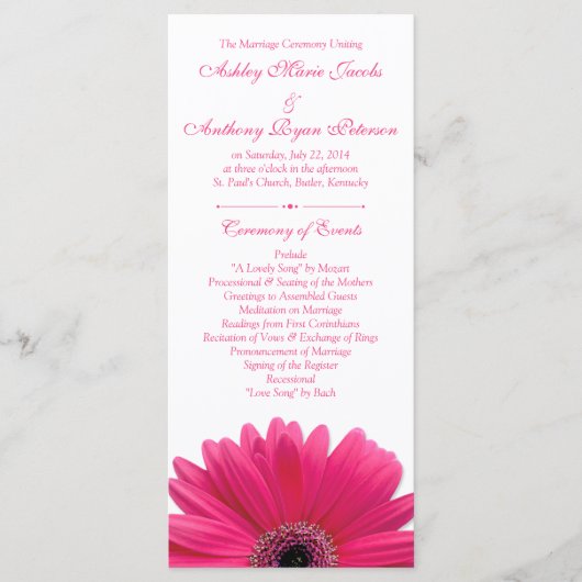 Hot Pink Gerbera Daisy White Wedding Programma Programmakaart (Voorkant)