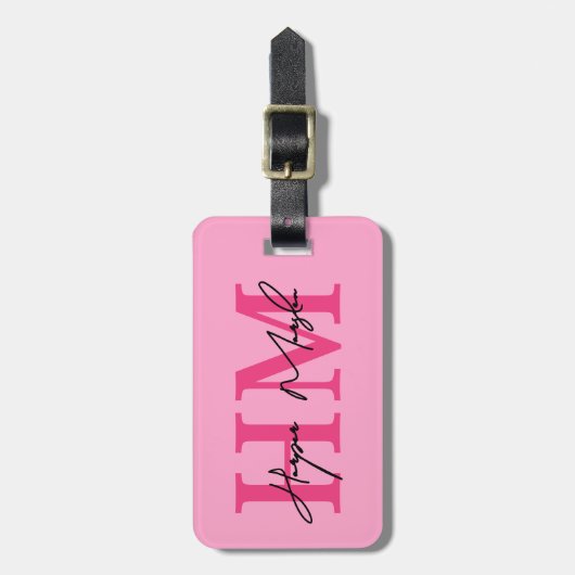 Hot Pink Girly Monogram Naam Bagagelabel (Voorkant verticaal)