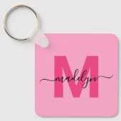 Hot Pink Girly Script Naam Monogram Sleutelhanger (Voorkant)
