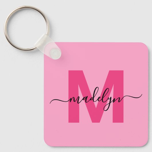 Hot Pink Girly Script Naam Monogram Sleutelhanger (Voorkant)