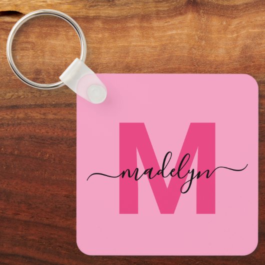 Hot Pink Girly Script Naam Monogram Sleutelhanger (Voorkant)