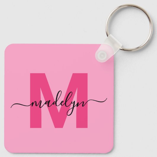 Hot Pink Girly Script Naam Monogram Sleutelhanger (Achterkant)