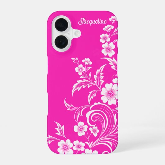 Hot Pink Glam Floral Swirl iPhone 16 Hoesje (Achterkant)