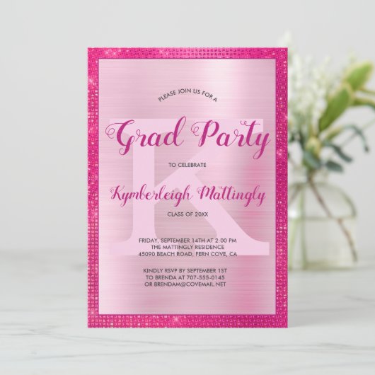 Hot Pink Glam Fun Diamond Sparkle Graduding Party Kaart (Staand voorkant)
