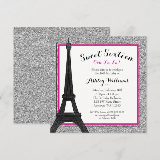 Hot Pink Glam Paris Gedekte Faux Glitter Sweet 16 Kaart (Voorkant / Achterkant)