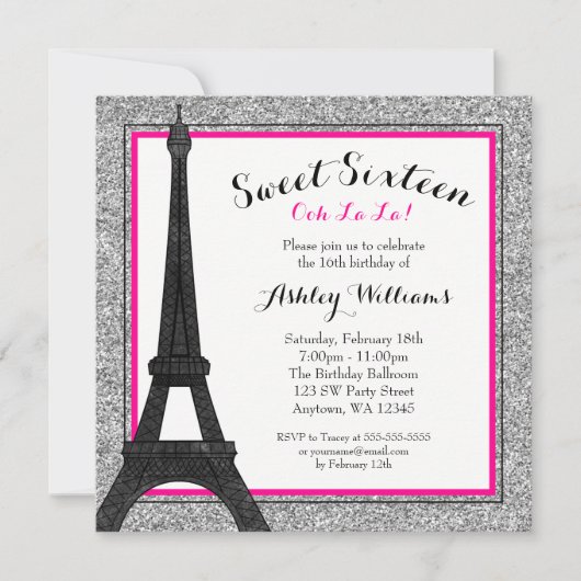 Hot Pink Glam Paris Gedekte Faux Glitter Sweet 16 Kaart (Voorkant)