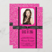 Hot Pink Glitter Afstudeeraankondigingen Kaart (Voorkant / Achterkant)