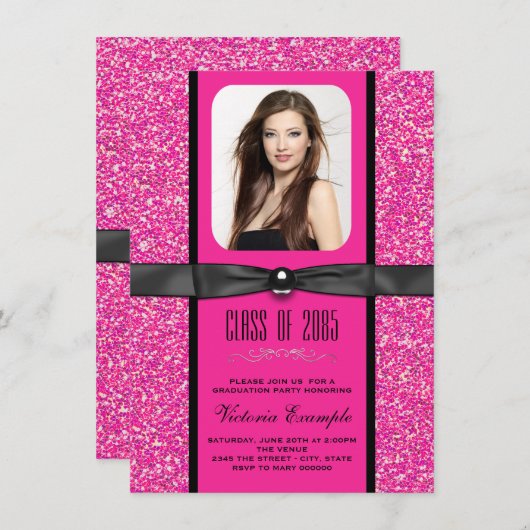 Hot Pink Glitter Afstudeeraankondigingen Kaart (Voorkant / Achterkant)