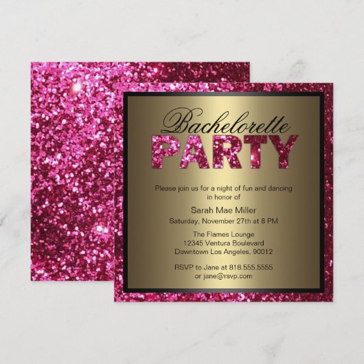 Hot Pink Glitter Bachelorette Party Uitnodiging (Voorkant / Achterkant)
