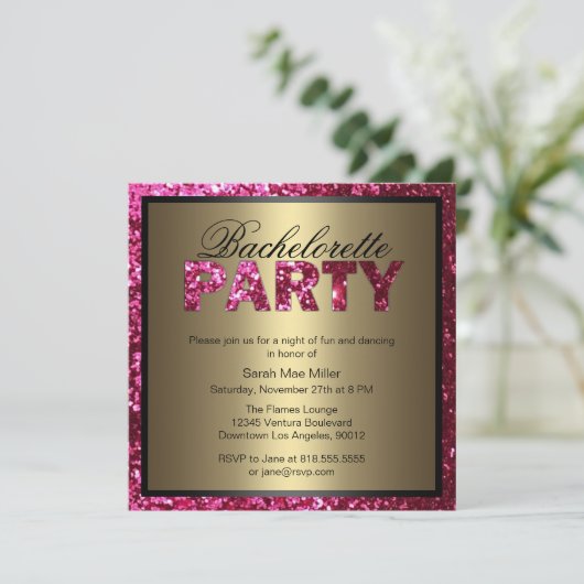 Hot Pink Glitter Bachelorette Party Uitnodiging (Staand voorkant)