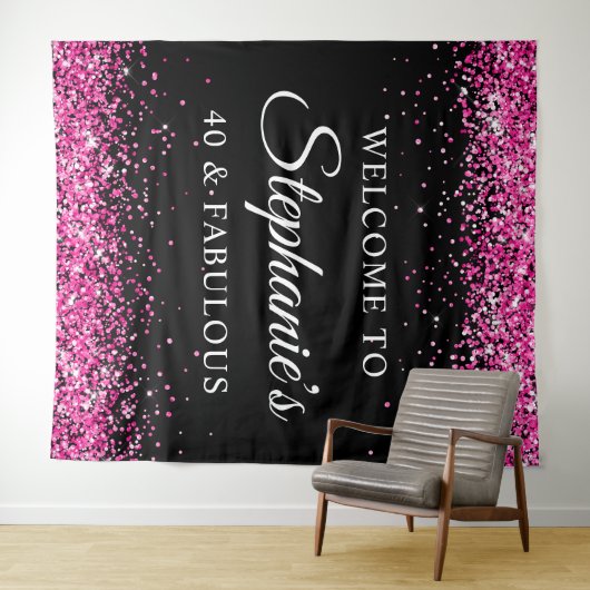 Hot Pink Glitter Black 40 & Fabulous Welcome Wandkleed (In Situ (horizontaal))