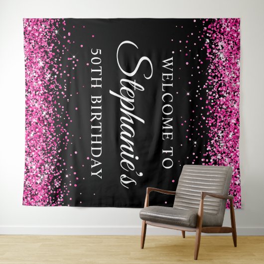 Hot Pink Glitter Black 50th Birthday Welcome Wandkleed (In Situ (horizontaal))