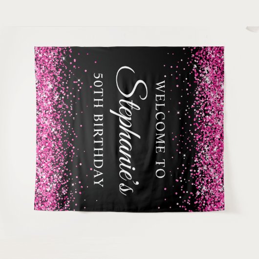 Hot Pink Glitter Black 50th Birthday Welcome Wandkleed (Voorkant (horizontaal))