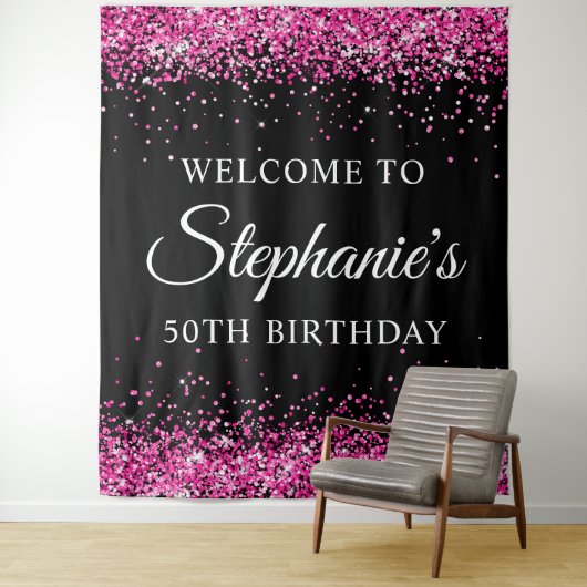 Hot Pink Glitter Black 50th Birthday Welcome Wandkleed (In situ)