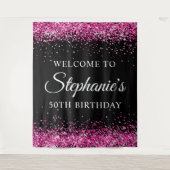 Hot Pink Glitter Black 50th Birthday Welcome Wandkleed (Voorkant)