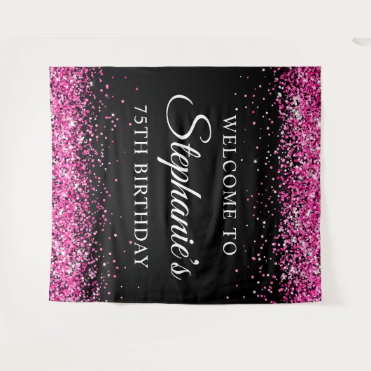 Hot Pink Glitter Black 75th Birthday Welcome Wandkleed (Voorkant (horizontaal))