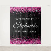 Hot Pink Glitter Black 75th Birthday Welcome Wandkleed (Voorkant)