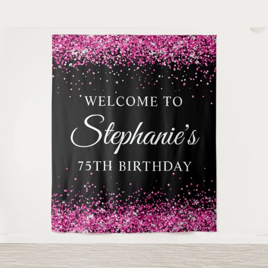 Hot Pink Glitter Black 75th Birthday Welcome Wandkleed (Voorkant)