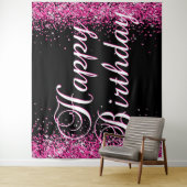 Hot Pink Glitter Black Happy Birthday Calligraphy Wandkleed (In situ)