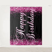 Hot Pink Glitter Black Happy Birthday Calligraphy Wandkleed (Voorkant)
