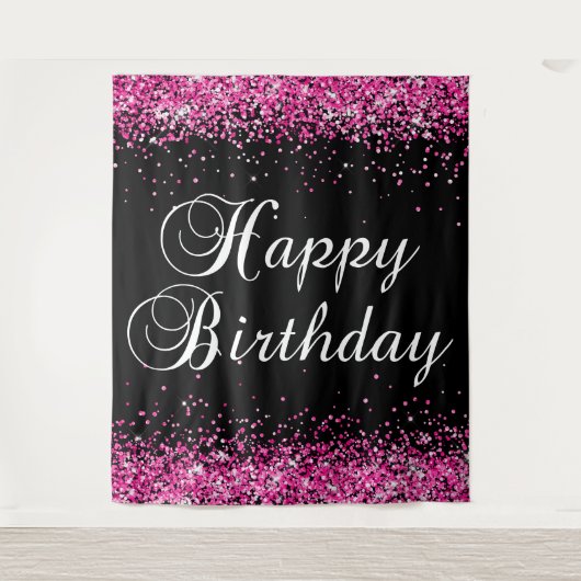 Hot Pink Glitter Black Happy Birthday Wandkleed (Voorkant)