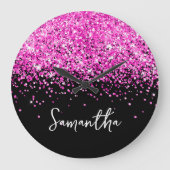 Hot Pink Glitter Black Script Naam Grote Klok (Voorkant)