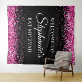 Hot Pink Glitter Black Sweet 16 Birthday Welcome Wandkleed (In Situ (horizontaal))