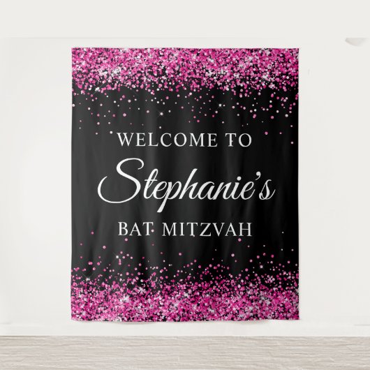 Hot Pink Glitter Black Sweet 16 Birthday Welcome Wandkleed (Voorkant)