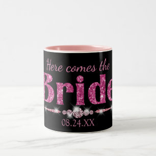 Hot Pink Glitter bruid en diamanten op zwart Tweekleurige Koffiemok