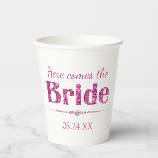 Hot Pink Glitter bruid en diamanten Papieren Bekers (Voorkant)