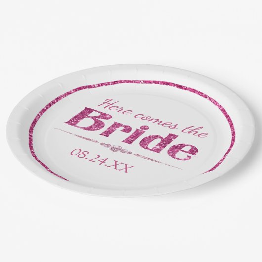 Hot Pink Glitter bruid en diamanten Papieren Bordje (Gekanteld)