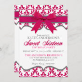 Hot Pink Glitter Damask Sweet Sixteen Uitnodiging (Voorkant / Achterkant)
