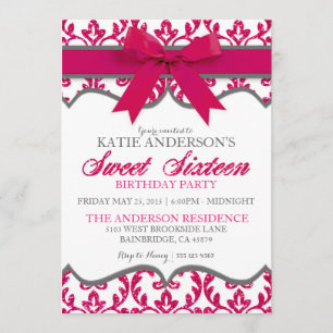 Hot Pink Glitter Damask Sweet Sixteen Uitnodiging