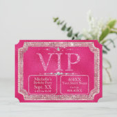Hot Pink Glitter & Diamonds VIP Ticket Kaart (Staand voorkant)