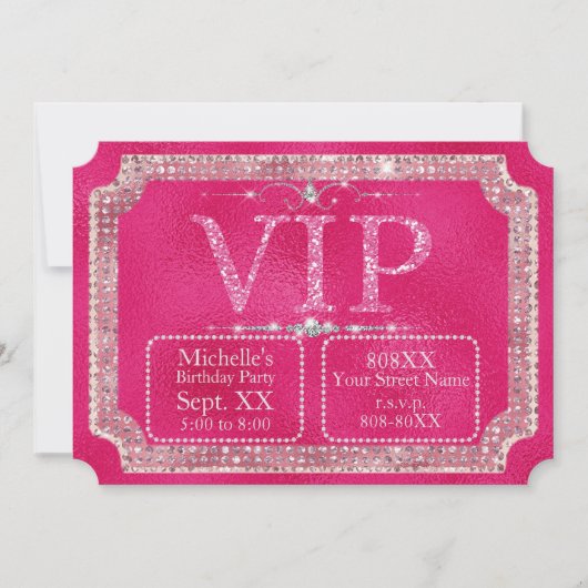 Hot Pink Glitter & Diamonds VIP Ticket Kaart (Voorkant)