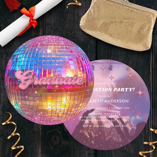 Hot Pink Glitter Disco Ball Party Graduation Kaart